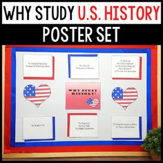 a poster with the words why study u s history written in red, white and blue