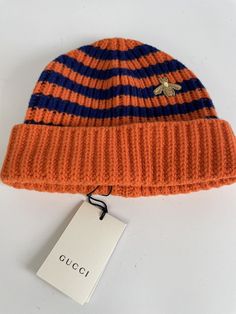 Gucci Bee Beanie 100% Wool Orange/Blue Striped Hat Size M 58. Brand new with tags. Please see pictures. Thank you. Gucci Bee, Striped Hat, Hat Sizes, Accessories Hats, Shoe Accessories, Bee, Mens Accessories, Gucci, Wool