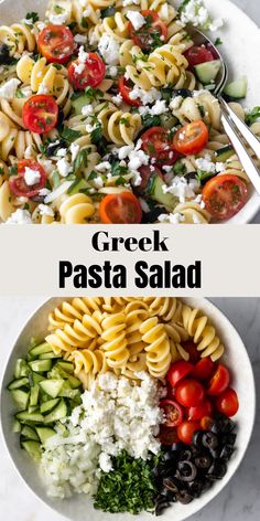 greek pasta salad with tomatoes, cucumbers and feta cheese