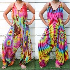 "💥One Size Fits Most Comfortable Tie Dye Hippie Jumpsuits Rompers Pants, Hippie Dress, Wide Legs Jumpsuits, Festival Clothings, Summer Clothing, Harem Dress, Beach Wear 👉One-of-a-kind hand dyed rompers 👉Fabric: 100% Soft and Breathable Rayon 👉Adjustable Tie shoulders 👉Boho/Hippie /Festival/Beach/Tropical/Fancy/UniqueTheme 👉Jumpsuit Length: 48\" 👉Straps Length: 19\" 👉Bust up to 55\" 👉Hip up to 60\" 👉 Tie Dye Method 👉The back is identical to front pattern 👉Flowy open legs 👉One Size Fi Bohemian Cotton Jumpsuits And Rompers For Summer, Flowy Bohemian Jumpsuits And Rompers For Summer, Bohemian Maxi Jumpsuits And Rompers For Spring, Spring Bohemian Maxi Jumpsuits And Rompers, Bohemian Flowy Sleeveless Jumpsuits And Rompers, Spring Bohemian Maxi Length Jumpsuits And Rompers, Bohemian Flowy Sleeveless Jumpsuit/romper, Bohemian Sleeveless Flowy Jumpsuit, Bohemian Flowy Sleeveless Jumpsuit