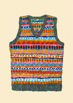 a colorful sweater vest with fringes and beads on the front, in multicolored colors