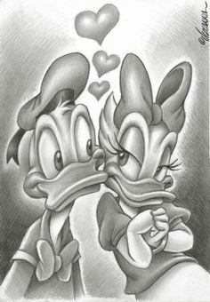 an image of donald and daisy ducky kissing each other with hearts in the background