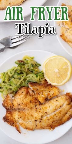 this air fryer tilapia has chicken, broccoli and lemon slices on it