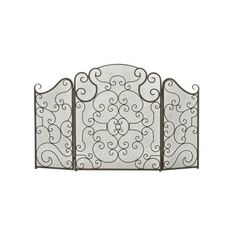 an iron fireplace screen with scroll designs on the top and bottom panels, in various sizes