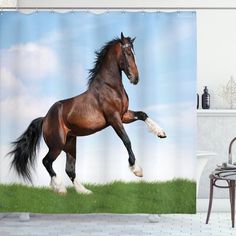 a shower curtain with a horse running on the grass in front of a blue sky