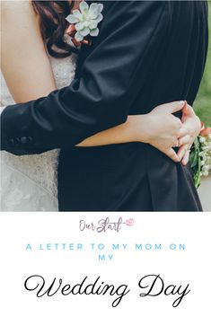 a bride and groom hugging each other with the words wedding day written in black on it