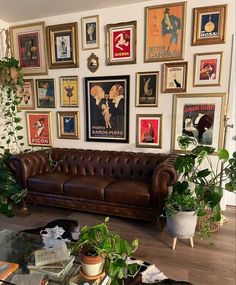 a living room filled with lots of pictures and plants