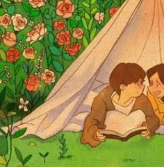 two children are reading a book in front of a teepee with roses on it