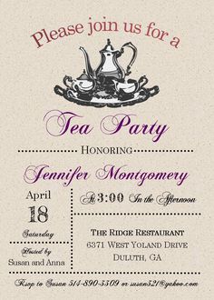 a tea party is being held on the front of a white and purple card with black lettering