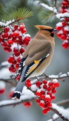 a bird perched on top of a tree filled with red berries