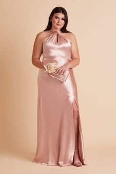 Monica Plus Size Long Satin Bridesmaid Dress in Rose Gold | Birdy Grey Birdy Grey Rose Gold Satin, Gold Bridesmaid Dress, Rose Gold Bridesmaid Dress, Monica Dress, Satin Gowns, Satin Bridesmaid Dress, Perfect Bridesmaid Dress, Birdy Grey, How To Look Rich