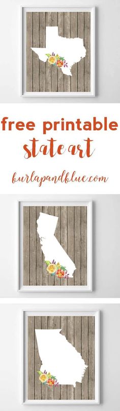 three pictures with the words free printable state art on them and an image of a wooden