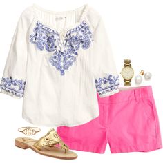 A fashion look from August 2014 featuring H&M blouses, Jack Rogers sandals and Kate Spade watches. Browse and shop related looks. White Embroidered Blouse, Embroidered Shirts, Tie Blouse, White Shirts, Embroidered Blouse, Preppy Outfits, White White, Preppy Style