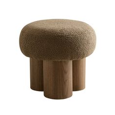 a stool with two wooden legs and a round foot rest on top of the seat