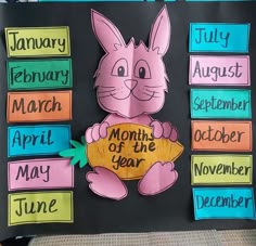 a bulletin board with an image of a cat holding a sign that says months of the year