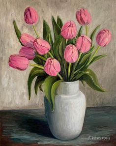 a painting of pink tulips in a white vase