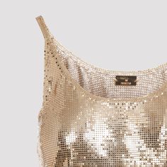 Rabanne Print Mesh Gold Aluminum Tank Top. Crafted from the iconic golden-tone aluminum mesh, round neckline, thin straps, straight hem, unlined. Kurt Geiger Heels, Red Valentino Shoes, Mesh Tank Top, Gold Models, Valentino Shoes, Gold Print, Paco Rabanne, Sneaker Wedge, Red Shoes