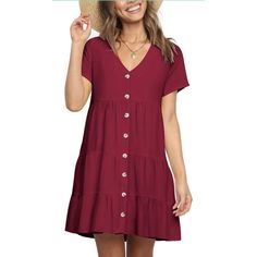 Women's Short Sleeve Button Front Tiered Boho Swing Dress Size Large Chest 42" Length 39" Red Buttoned Dress For Day Out, Red Button Dress For Day Out, Red Short Sleeve Sundress, Red Bohemian Short Sleeve Dress, Red Button-up Dress For Vacation, Red V-neck Dress With Buttons, Red Button-up Vacation Dress, Red Short Sleeve Folk Dresses, Flowy Bohemian V-neck Tiered Dress