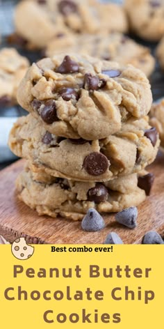 peanut butter chocolate chip cookies stacked on top of each other