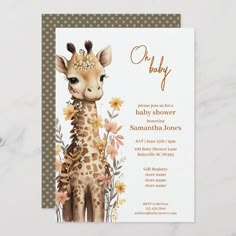 a baby giraffe with flowers on it's head is in front of a card