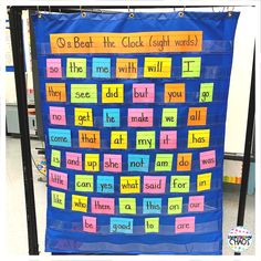 a bulletin board with words written on it in different colors and shapes, hanging from the wall