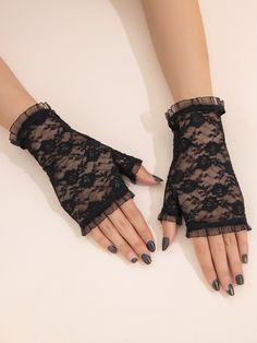 Black  Collar  Polyester  Fingerless Gloves Embellished   Women Accessories Goth Girl Fashion, Gloves Aesthetic, Goth Outfit Inspo, Gloves Outfit, Black Fingerless Gloves, Hair Dye Tips, Lace Fingerless Gloves, Elegant Gothic, Hand Gloves