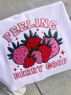 Embroidery Ideas With Machine, Iron On Sweatshirt Ideas, Embroidered Clothes Ideas, Embroidery Sweatshirt Ideas, Sweatshirt And Shirt Outfit, Sweatshirts Ideas, Etsy Sweatshirts, T Shirt Embroidery, Berry Good