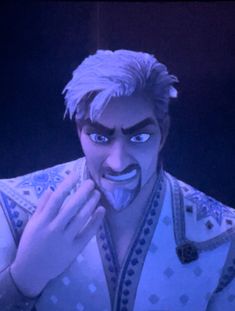 an animated man with white hair and blue eyes is holding his hand up to his mouth