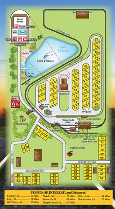 a map showing the location of several hotels and motels in front of a lake