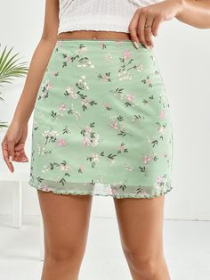 Mint Green Boho Collar  Knitted Fabric Ditsy Floral Straight Embellished Slight Stretch  Women Clothing Feminine Fitted Green Skirt, Fitted Green Feminine Skirt, Fitted Feminine Green Skirt, Mint Green Skirt, Mint Green Skirts, Summer Mood, Ditsy Floral Print, Women Skirts, Boho Green