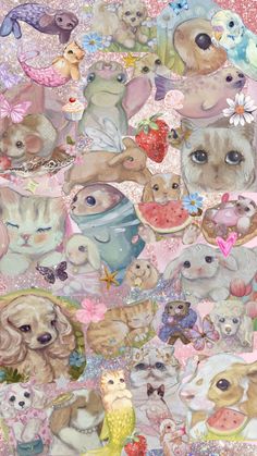 a collage of cats, dogs and other animals with hearts on pink glittered paper