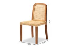 the side view of a wooden and wicker chair, with measurements for the seat