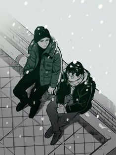 two people sitting on top of an escalator in the snow and one person standing next to them