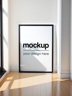 an empty frame on the floor in front of a window mockup for your design here