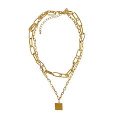 18k Gold Plated Chunky Thick Chain Square Medallion Necklace Double Layered Choker Adjustable Length Lead And Nickel Free Gold Chain Necklace With Square Pendant, Gold Clavicle Chain Necklace With Square Pendant, Gold Necklace With Square Pendant Chain, Gold Layered Pendant Necklace With Chain, Gold Layered Pendant Necklace With Chain Detail, Gold Double Chain Link Charm Necklace, Gold Charm Necklace With Double Chain, Gold-tone Chain Layered Necklace For Gift, Layer Oval