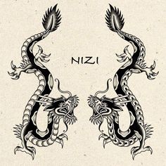 two black and white dragon tattoos with the word nizi on it's side