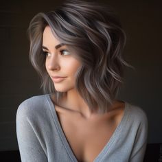 Blending Gray Hair Brunettes Short, Work Appropriate Hair Color, Gray Babylights, Blending Greys Into Brown Hair, Lavender Grey Hair, Dark Grey Hair Color, Dark Curls, Faded Hair Color, Haircuts Color