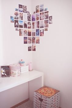 a room with pictures on the wall and a table in front of it that says diy cool and no - money decorating