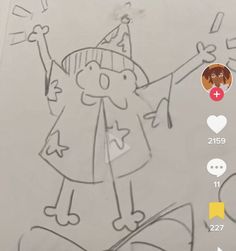 a drawing of a girl with a party hat on her head and hands in the air