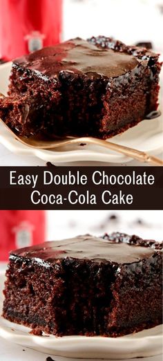 double chocolate coca cola cake on a white plate