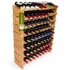 a wooden wine rack filled with lots of bottles