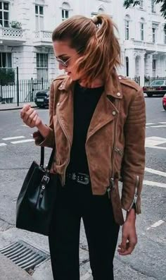 Biker Jacket Outfit Women, Brown Leather Jacket Outfits, Brown Suede Jacket Outfit, Motorcycle Jacket Outfit, Biker Jacket Outfit, Brown Leather Motorcycle Jacket