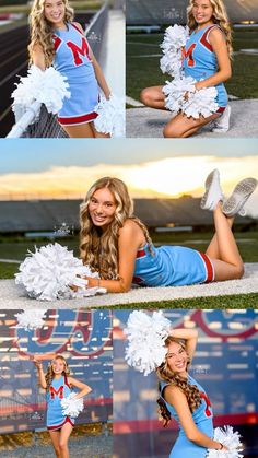 the cheerleader is posing with her pom - poms in blue and red