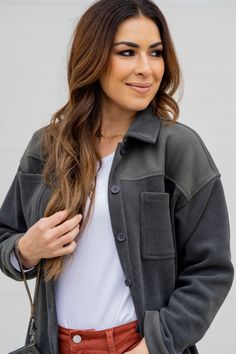 It's all in the details with this simple shacket! Perfect for layering over a dress, a blouse, a sweatshirt, or your favorite graphic tee for an easy outfit! The lightweight material of this one makes it ideal to transition you through seasons too! 99% Polyester & 1% SpandexContrast: 100% RayonHand wash cold. Do not bleach. Lay flat to dry. Low iron if necessary. Gray Collared Top For Fall, Gray Tops With Pockets For Fall, Collared Loungewear Tops For Fall, Collared Fall Loungewear Tops, Gray Oversized Tops With Pockets, Fall Button-up Loungewear Top, Everyday Collared Tops For Fall, Casual Shacket With Pockets For Loungewear, Casual Spring Shacket For Layering