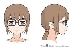 an anime character's hair and glasses are shown in three different positions, including the head