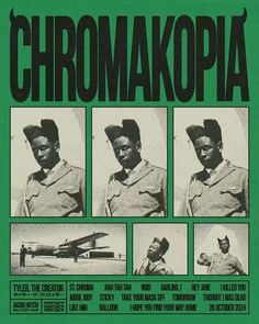 an old poster with three men in uniform and the words chromakopia on it