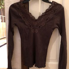 Cotton Blouse With Lace Trim. Never Worn Fitted Brown Top With Lace Trim, Fitted Long Sleeve Cotton Lace Top, Cotton V-neck Top For Night Out, Spring Brown Top With Lace Trim, 90s Outfit, Lauren Brown, Cotton Blouse, Neck Lace, Cotton Blouses