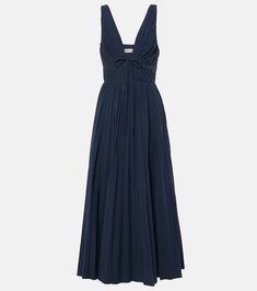 Stephanie plissé cotton-blend gown in blue - Simkhai | Mytheresa Cotton Pleated Maxi Dress For Daywear, Cotton Maxi Dress With Pleated Bodice, Wedding Attire For Guest, Madeline Aesthetic, Librarian Clothes, Navy Blue Summer Dress, Navy Blue Outfit, Closet Edit, Blue Summer Dress