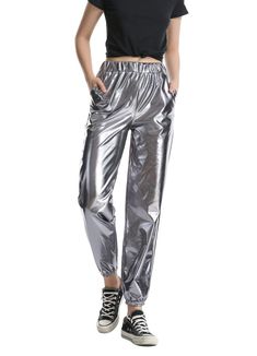 PRICES MAY VARY. ★FASHION YET SEXY DESIGN: Cute shiny high waisted cargo pants for women. Elastic waistband design, to stay in place and high waist design to cover belly well and contour waistline,slims your body for shapely, curve look that you've always wanted, the bottom of the pants also has a elastic drawstring, Shiny wet look liquid fabric is stylish, comfortable, durable, and stand out with bold, vibrant colors and the metallic sheen. ★MULTI-PURPOSE WEAR: These snug, figure flattering fau Look Hip Hop, Comfy Lounge Pants, Leather Jogger Pants, Hip Hop Trousers, High Waisted Cargo Pants, Summer Pants Women, Leather Joggers, Hippie Pants, Loose Trousers