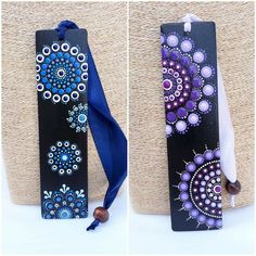 two pictures of the back and side of a bookmark with blue, purple, and white designs on it